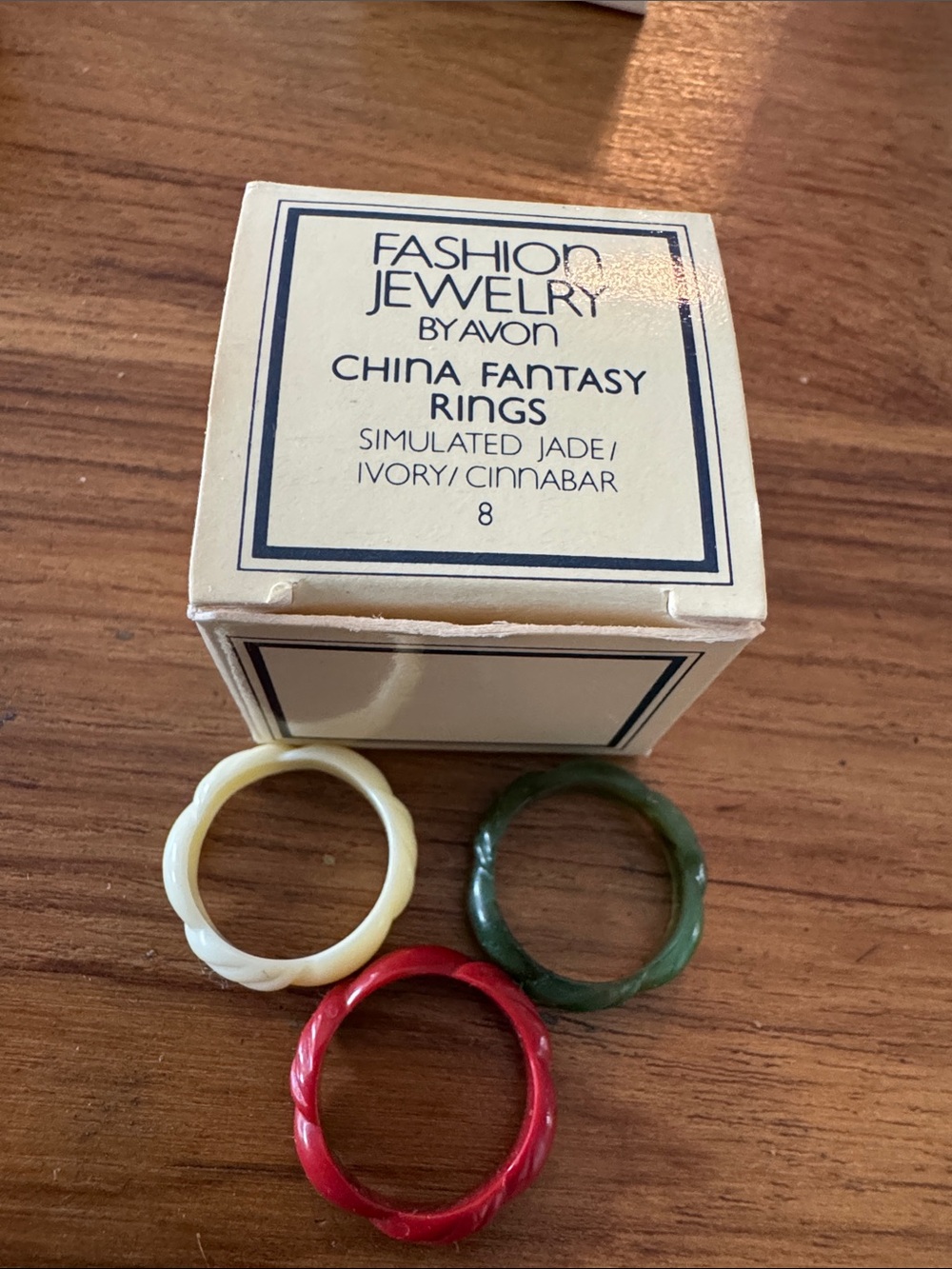 Avon China Fantasy Simulated Jade Ivory Cinnabar Rings - Green, Cream, Red
